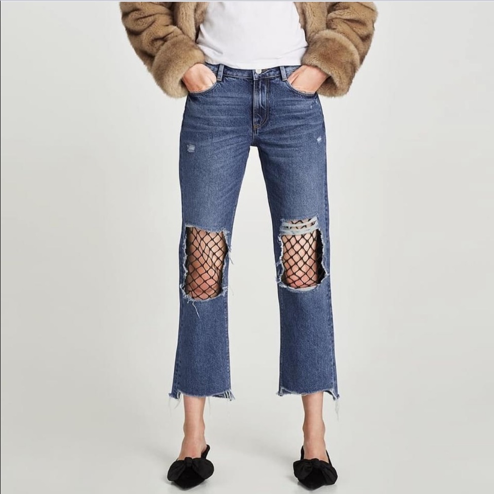 Zara Cropped Fish Net Straight Jeans Size 0/32 NEW